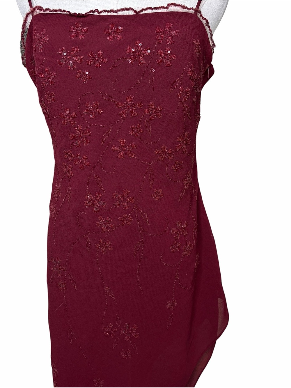 Vintage Y2K Burgundy Floral Beaded Lace Trim Strappy Maxi Dress Asymmetrical Hem - Picture 2 of 8